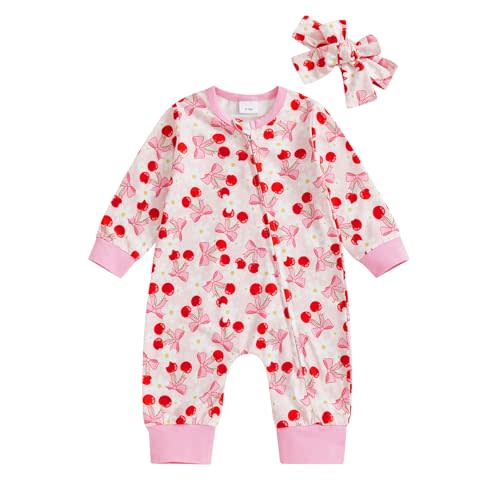 Kavousa Newborn Baby Girl Jumpsuit Baseball/Cherry Bow Print Zip-up Long Sleeve Romper Headband Spring Clothing