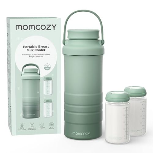 Momcozy 22oz Portable Breast Milk Cooler for Outdoor, Life Saver with 360° Total Cooling for 24 Hours, Larger Capacity Travel Breastmilk Chiller with 2pcs Baby Bottles for Breastmilk Storage, Green