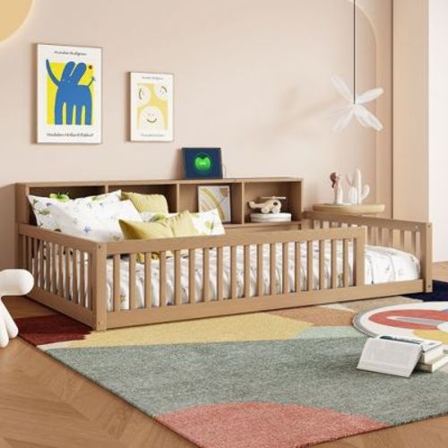 Okak Montessori Floor Bed Twin XL,Solid Wood Bed Frame with Built-in Storage Cabinets & USB Charging Stations, Low-Profile Kids Bed for Bedroom