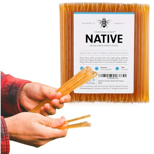Homestead Honey Native Honey Sticks for Tea - 50-Pack Bulk Packets, Single Serve - Pure Wildflower Honey Straws - Easy-to-Open Honeycomb Stir Sticks for On-the-Go, Snacks, and Travel
