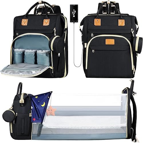 Diaper Bag Backpack for Mom and Dad, Large Capacity Baby Travel Bag with USB Charging Port, Waterproof Foldable Baby Bag for Boys and Girls, Stylish Maternity Backpack for Travel & Hospital, Black