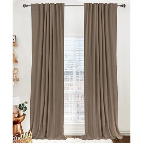 100% Blackout Shield Linen Blackout Curtains for Bedroom 84 Inches Long,Back Tab/Rod Pocket Living Room Drapes,Thermal Insulated Textured Blackout Curtains 2 Panels Set,50" W x 84" L,Linen Brown