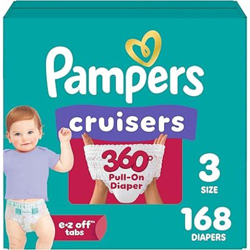 Pampers Diapers - Cruisers 360 - Size 3, 168 Count, Babyproof, up to 100% Leakproof Pull-On Diaper (Packaging May Vary)