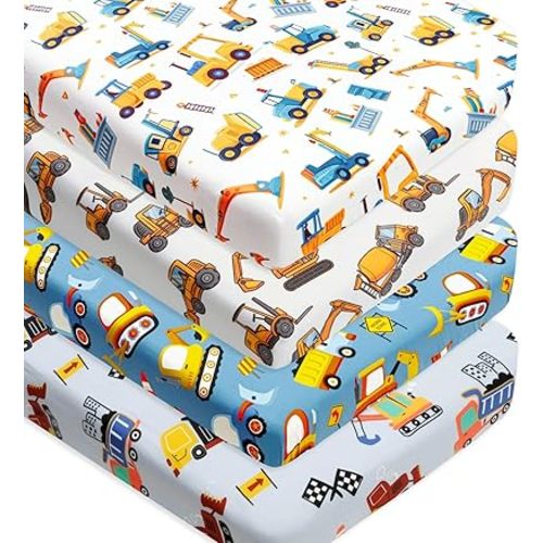 4 Pack Baby Boy Crib Sheets Set Soft Fitted Baby Boy Mattress Covers Construction Truck or Dinosaur Theme Breathable Toddler Sheets for Infant Boys (Construction Truck, Crib Sheets)