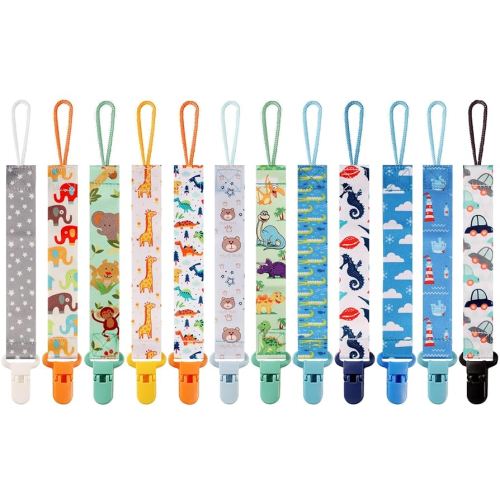 12 Pack Pacifier Clips with Strap 25.5cm - Premium Polyester Baby Pacifier Holder Set, Multi-Design Clips for Boys Girls (Multi Color C)
