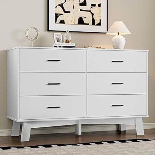 Dresser for Bedroom with 6-Drawer, 47.2" Modern Chest of Drawers with Metal Handles, X-Shape Base & Adjustable Center Leg, Anti-Tip Closet Organizers and Storage