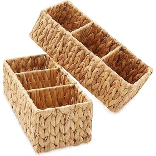 Casafield Set of 2 Water Hyacinth Basket Organizers with 3 Sections, Natural - Woven Storage Bins for Bathroom, Laundry, Pantry, Office, Shelves