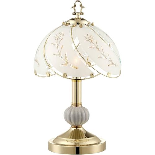 Regency Hill Traditional Accent Table Lamp 15" High Polished Brass Gold Floral Etched Art Glass Shade Touch On Off Decor for Bedroom House Bedside Nightstand Home Office