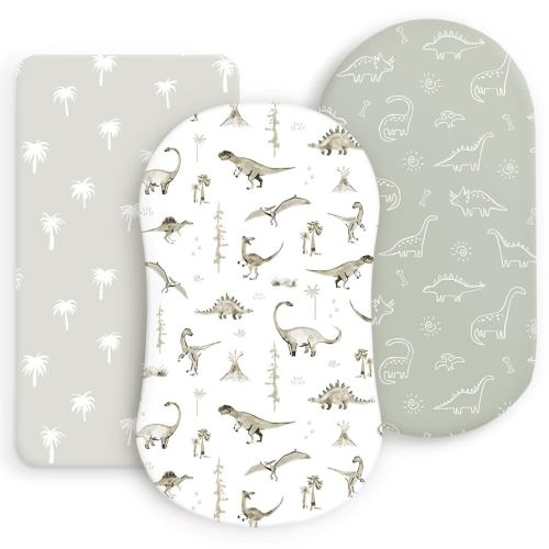 Ultra Soft Stretchy Jersey Knit Fitted Bassinet Sheets 3 Pack, Universal Fitted for Baby Cradle Moses Basket Oval Rectangle Mattress Safe and Snug, Bassinet Fitted Sheets for Boy, Dinosaur Print