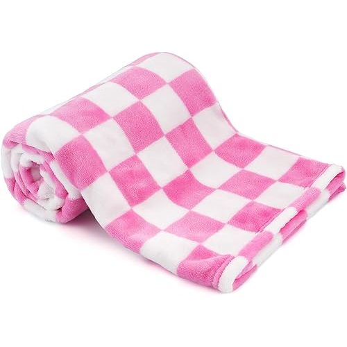 Plush Checkered Baby Blanket for Boys Girls Nursery, 30"*40" Warm Short Fleece Blanket Neutral for Infant Newborn, Small Fuzzy Blanket for Sleeping, Chenille Baby Blanket for Stroller (Pink&White)