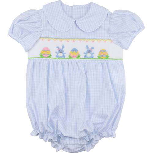 Girl's Blue Windowpane Smocked Bunny And Egg Bubble – Cecil & Lou