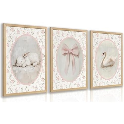 CAZLOUC Pink Nursery Wall Art Set of 3, Pink Bow Baby Girl Wall Decor, Cute Animal Rabbit Swan Poster Prints, Vintage Floral Canvas Artwork for Kid’s Room Bathroom Bedroom Wood Framed 12x16 Inch