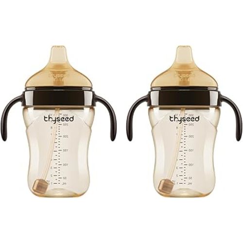 Thyseed Spill-Proof Weighted Straw Sippy Cup, Baby Transition Trainer, Soft Silicone Spout, BPA-Free, 6m+, 10 oz, 2 Pack