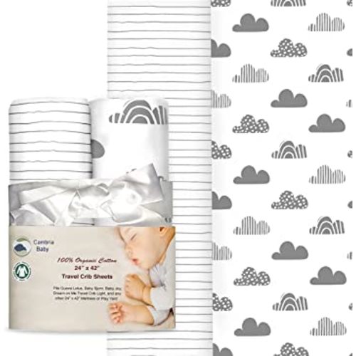 100% Organic Cotton Fitted Travel Crib/Playard Sheets for Guava Lotus, BabyBjorn, Dream on Me, Baby Joy and All 24" x 42" Pads/mattresses. Safety Strap Holes in Corners. 2 Pk, Clouds and Stripes
