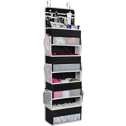 Univivi Over the Door Organizer, Door Hanging Organizer Nursery Door Storage with 4 Large Compartments and 2 Small PVC Pockets 6 Side Pockets for Bathroom,Cosmetics and Nursery Baby Essential - Black