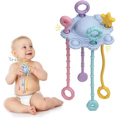 Montesorri-Toys - Pull String Toys for Baby - Made of 100% Food Grade Silicone with Built-in Rattle Function and Easy to Clean Design (Blue)