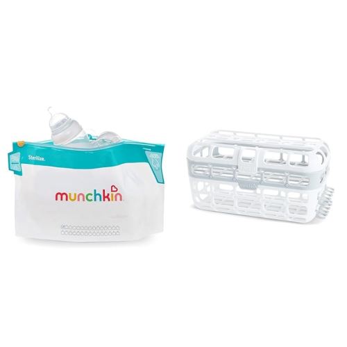 Munchkin Microwave Steam Sterilizer Bags, Dishwasher Basket for Bottles, Pacifiers, and Accessories Bundle, 6 Pack