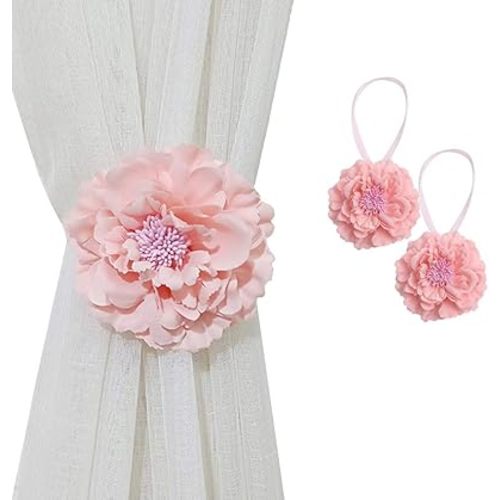 CHICTIE 2 Piece Large Cloth Flower Magnetic Curtain Tieback Wedding Decorative Holdbacks Rope American Rustic Style Drapery Holder Clip for Girl's Room (Pink)