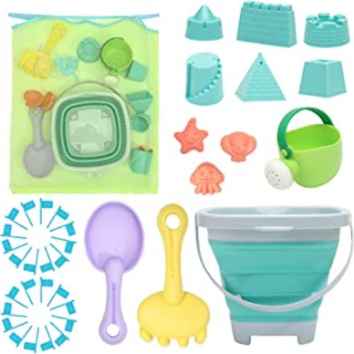 RACPNEL Beach Toys Sand Set for Kids, Collapsible Bucket and Shovels with Mesh Bag, Molds, Flags, Sandbox Kids Toddlers, Travel (Tavel Size)