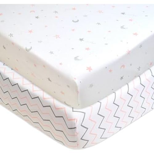 American Baby Company 2 Pack 100% Natural Cotton Fitted Crib Sheets 52" x 28" - Soft, Breathable, Hypoallergenic & Gentle Toddler Bed Sheets, Pink Stars/Zigzag, Neutral for Boys & Girls