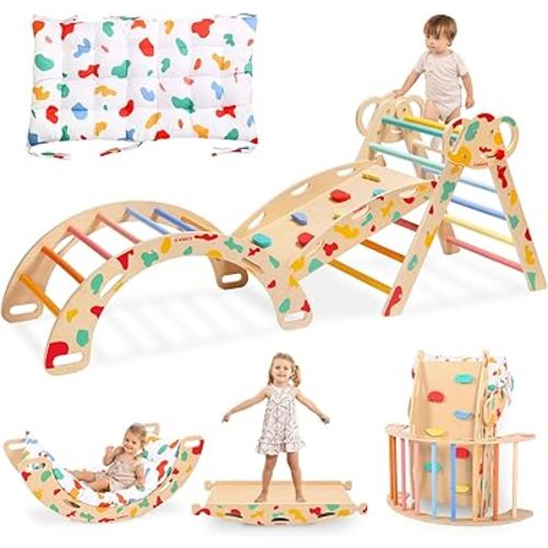 WINGYZ Pikler Triangle Set, Montessori Foldable 8-in-1 Jungle Gym & Reversible Animal Slide, Patent-Protected Climbing Set, Safe 2.35" Gap ASTM F963 Standards for Toddlers 18 Months-7 Years (Rainbow)