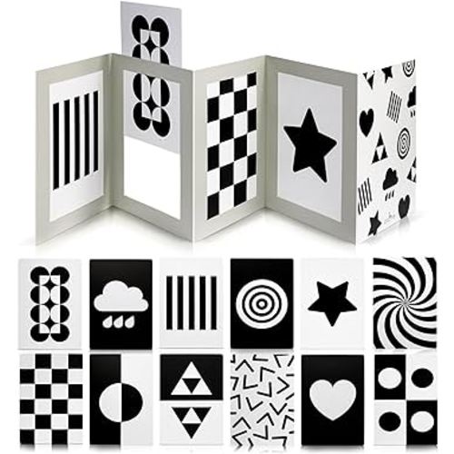 High Contrast Tummy Time Toy For Baby With Large Black and White Cards - Stimulating Sensory Development Boards & Mirror For Babies & Infants 0-3 Months - Twelve Montessori Patterns That Newborns Love
