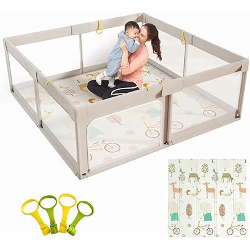 Mloong Baby Playpen with Mat, 59x71 Inches Extra Large Playpen for Babies and Toddlers, Indoor & Outdoor Activity Center, Safety Baby Fence with Gate,Baby Play Pen, Baby Play Yards