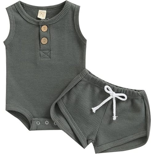 Ledy Champswiin Summer Newborn Baby Boy Girl Clothes Set Ribbed Outfits Unisex Infant Solid Short Sleeve Tops Shorts 2PCS