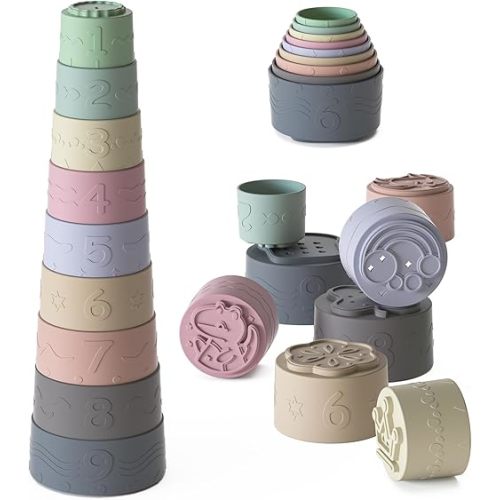 Baby Stacking Cups Toys, Soft Silicone Baby Teething Toys, Baby Boy Girl Shower Gifts for 3 6 9 12 18 Months 1 One Year Old, Infant Newborn Essentials Sensory Montessori Developmental Toys-9 Piece Set