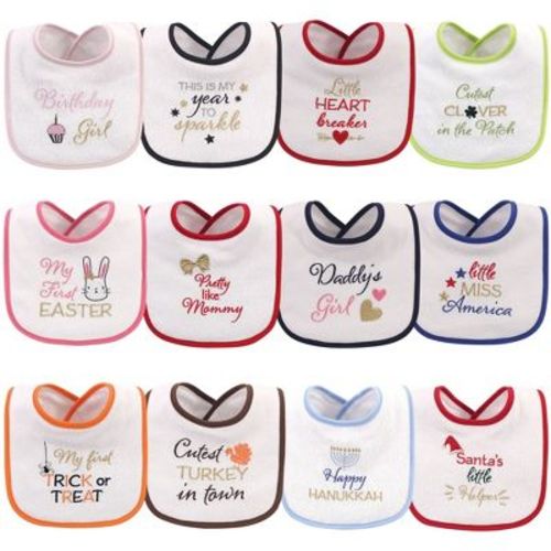 Hudson Baby Infant Girl Cotton Terry Drooler Bibs With Fiber Filling 12pk, Holiday Girl Sparkle, One Size