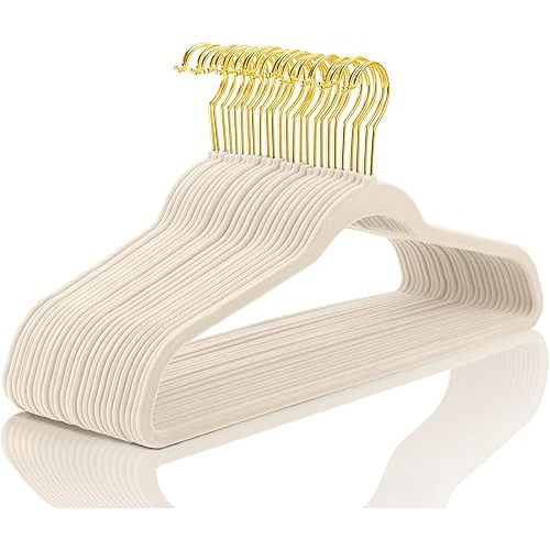 MIZGI Ivory Velvet Hangers 40 Pack,Premium Gold Clothes Hangers Non-Slip Felt Hangers,Sturdy Ivory Hangers Heavy Duty Coat Hangers,Durable Suit Hangers for Space Saving, No Flocked Hanger Marks
