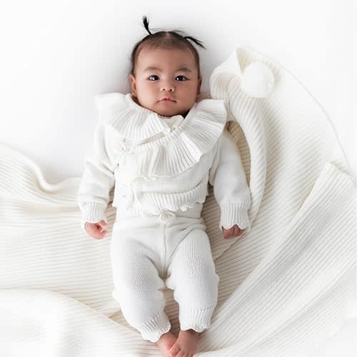 Knitted Baby Gift Set 3pcs - 100% Baby Organic Cotton Romper & Blanket - Newborn Coming Home Outfit 0-3M/3-6 Months- Baby Girl Cute Fall & Holiday Photoshoot Clothes-Ropa para Bebe