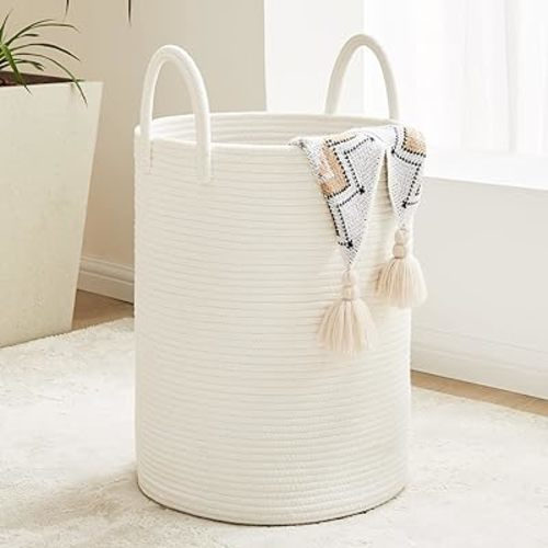 Fiona's magic White Woven Rope Laundry Basket, 58L Tall Laundry Basket for Blanket Storage, Large Baby Nursery Hamper for Laundry, Decorative Clothes Hamper for Bedroom, Living Room