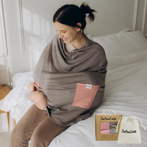 Premium Bamboo Nursing Cover for Breastfeeding 6-in-1 with 2 Pockets, 360 Privacy, Feeding Cover, Soft Breathable Nursing Shawl, Scarf, Stretchable Baby Seat Cover, Poncho (Beige/Pink)