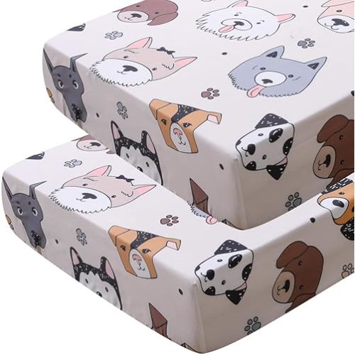 Soft Doggy Cute Puppy Doggies Printed Fabric Crib Sheet for Boys Girls,2 Pack Crib Mattress Sheets or Toddler Bed Sheet, Baby Bassinet Sheets Fitted Crib Sheet (Cream)