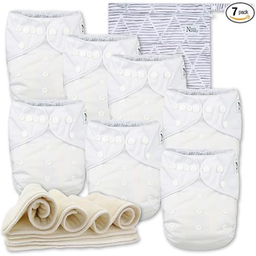 Nora's Nursery Cloth Diapers 7 Pack with 7 Inserts & 1 Wet Bag - Waterproof Cover, Washable, Reusable & One Size Adjustable Pocket Diapers for Newborns and Toddlers - Winter White