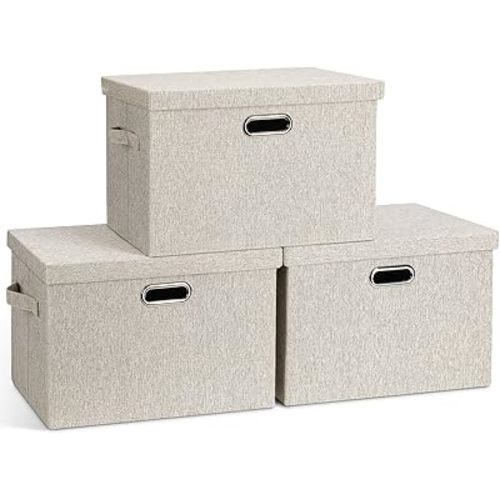 Large 17" 36 Quart Collapsible Stackable Storage Bins with Lids, 3 Packs Beige Linen Fabric Closet Boxes with Lids, Storage Cube Baskets Container Organizers for Bedroom Office(17 x12 x11)