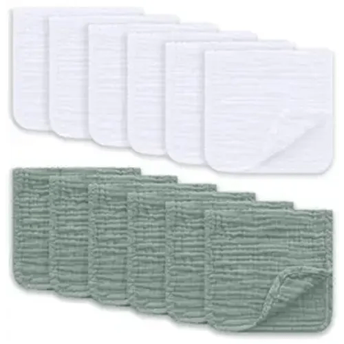 Muslin Burp Cloths Large 100% Cotton Hand Washcloths for Boys & Girls, Baby Essentials Extra Absorbent and Soft Burping Rags for Newborn Registry (White & Green, 12-Pack, 20" X10")