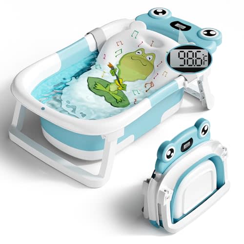 BUNWAG Baby Bathtub, Collapsible Newborn Bathtub for Infant to Toddler 0-24 Months with Soft Bath Net,Portable Travel Newborn Tub with No-Slip Feet, Baby Shower Gifts,Sky Blue