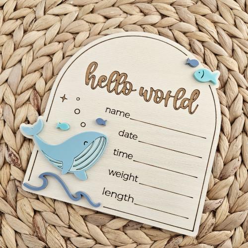 Whale Ocean Themed Hello World Birth Announcement Sign | Newborn Baby Name Sign | Birth Announcement Plaque | Baby Arrival Hospital Sign