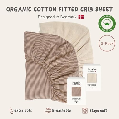 Crib Sheets – Organic Cotton Muslin Fitted Crib Sheet – Standard Size for Baby Boy and Baby Girl 28" x 52" Ultra-Soft and Breathable. 2-Pack(Fog/Stripe)
