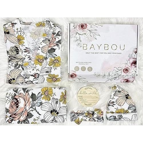 Robe Swaddle Set Matching Mommy and Me Set Baby Girl Swaddle Blanket Gift 5-Piece Set Hospital Robe Vintage Floral (Vintage Floral, S/M)