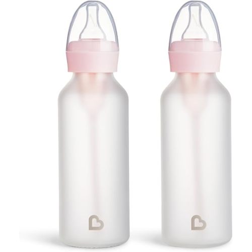 Munchkin Bond Silicone Coated Glass Baby Bottles - Anti-Colic Feeding System with Natural Feel Nipples, 8 Ounce, 2 Pack, Pink