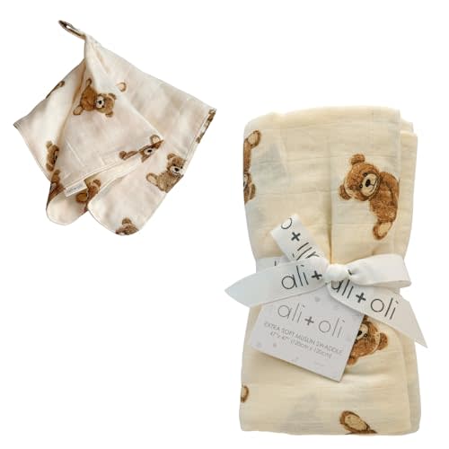 Ali+Oli Swaddle Blanket and Pacifier Blanket Holder Bundle, Neutral Design, Soft and Gentle, Ideal for Newborns, Boys and Girls, Perfect