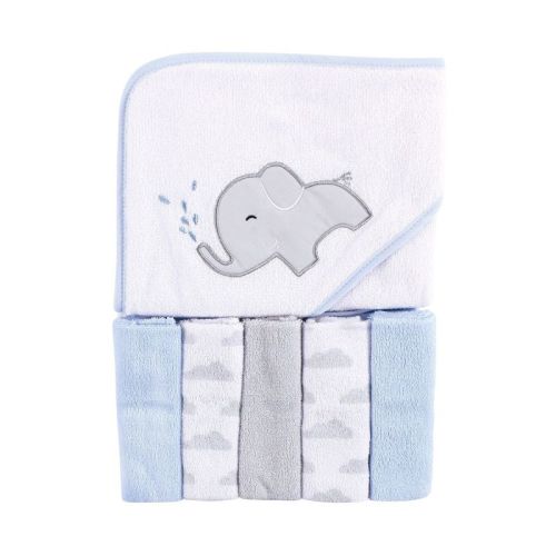 Luvable Friends Baby Boy Hooded Towel With Five Washcloths, Elephant Spray, One Size