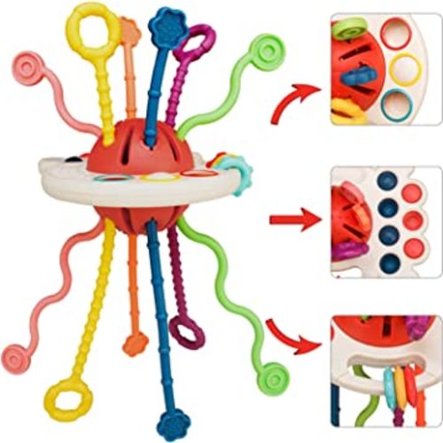 Montessori Toys for 1+ Year Old, Food Grade Silicone Pull String Activitys, Developmental Pulling Teething Baby Sensory Toy, Car Seat Airplane Travel Toddler 1-3 Boy &Girl Infant Birthday Gifts