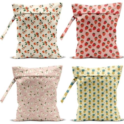 4 Pack Cute Fruit Wet Bag Waterproof Washable Reusable Wet Dry Bag for Swimsuit Clothes Cloth Diaper Travel Beach Pool Yoga Gym Toiletries Travel Beach Essentials Strawberry Pineapples