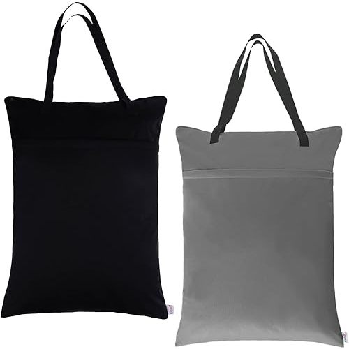 ALVABABY 2 Pack Large Wet Dry Bag Waterproof Hanging Cloth Diaper with Double Zippered Pockets 25x18 inches (Black and grey)