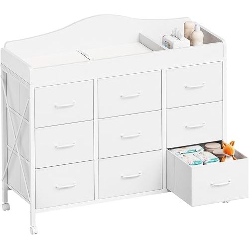 YeTom Baby Changing Table, 9 Fabric Boxes, Waterproof Pad, Mobile, White