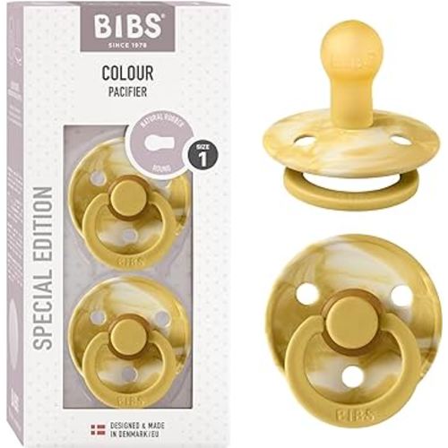 BIBS Tie-Dye Baby Pacifier | BPA-Free Natural Rubber Baby Pacifier | Made in Denmark | Mustard/Ivory 2-Pack (0-6 Months)